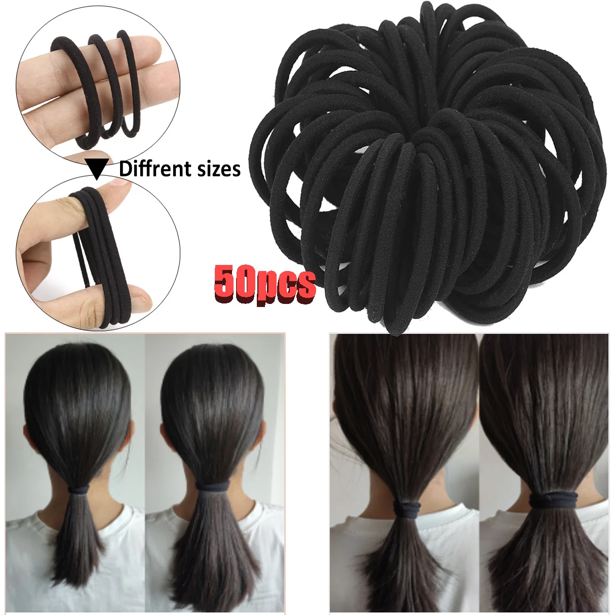 50pcs Black Hairbands for Thick & Less Hair  Elastic Rubber Bands Ropes Basic Hair Ties Hairband Ponytail Holders 3mm 4mm 6mm Hairclip