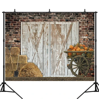 

Photography Backdrop Barn Brick Wall Farm Tools Pumpkin Straw Thanksgiving Background Kids Children Adults Photo Studio