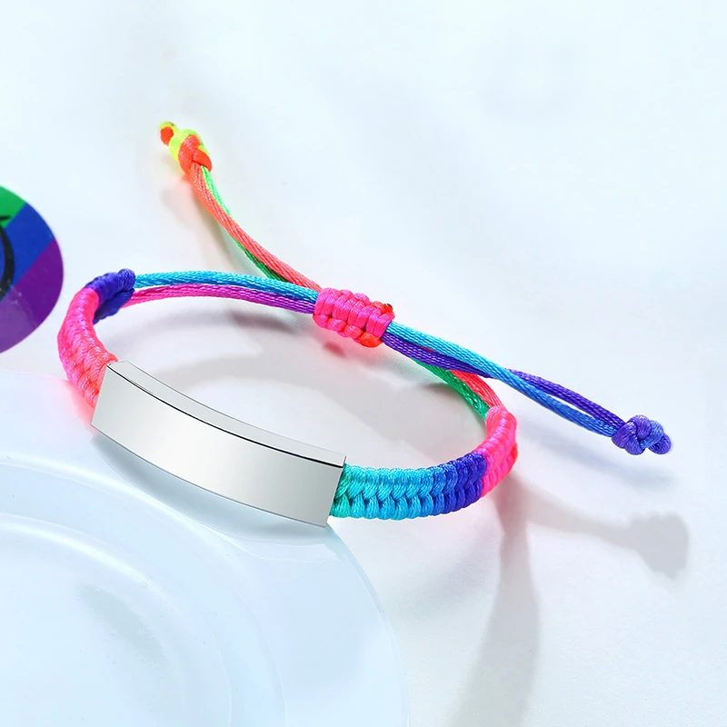 Vnox Adjustable Customize Name Emergency Contact Bracelets For Handmade Braided Rainbow Colorful Rope Girls Boy Bangle_voghion.com