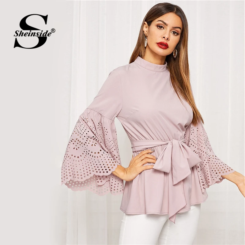 Sheinside розовый элегантный воротник-стойка блузка женская осень выдолбленный рукав-Волан блузки дамы с плотным поясом Топ