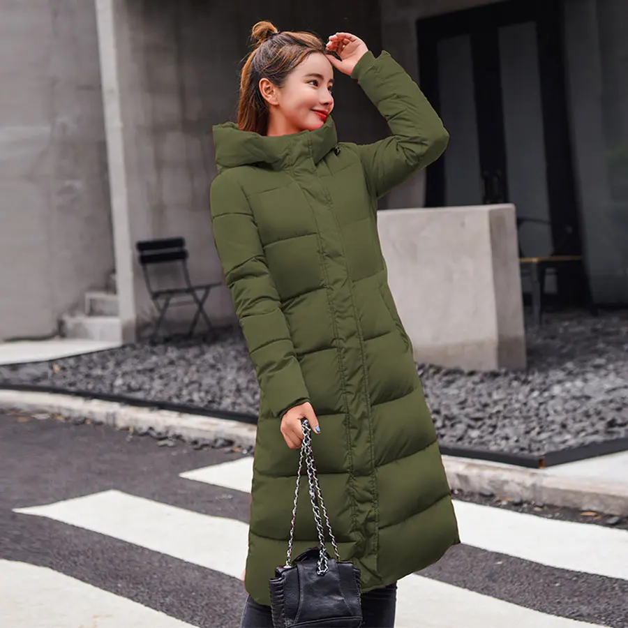 Best  Winter Long Hooded Down Coat Women Casual Thicken Down Jacket Female Slim Elastic Cuff Puffer Coats