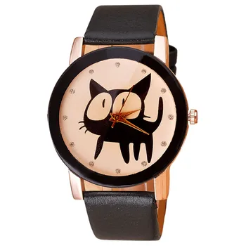 

Creative Cat Crystal Imitation Leather Quartz Wrist Watch Temperament black Watch Female Models Bracelet relogio feminino