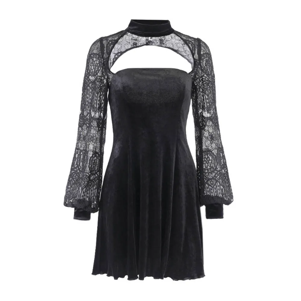 

Rosetic Women Dress Black Sexy Lace Dresses 2019 Gothic Female High Waist Sexy Hole Beauty Back Pleated Dress Women Party Club