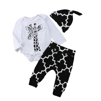 

New Spring Autumn Newborn Baby Lovely Giraffe Printing Long Sleeve Rompers And Trousers And Hat Kit Kids Three-piece Outfit Set
