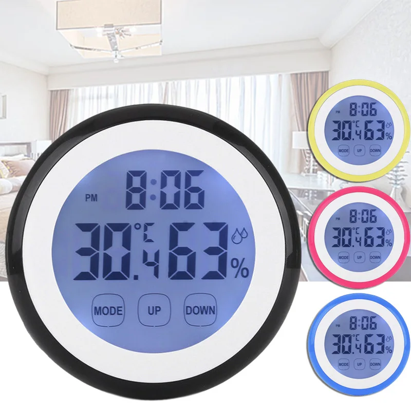 Digital Temperature Humidity Time Function Wall Clocks Backlight For Bedroom Without Batteries 90*90*26mm quartz clock