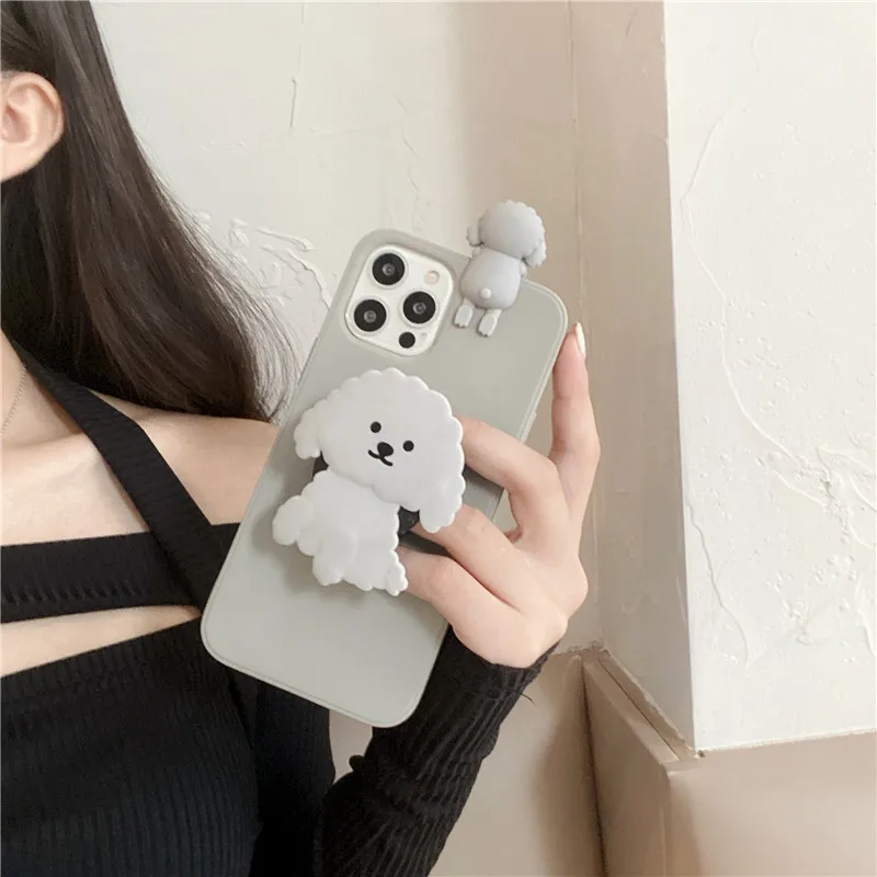 Super cute Cartoon 3D Teddy dog Dinosaur stand holder soft  case for iphone 12 Pro MAX 11 7 8 XS XR 13 plus lovely unicorn cover iphone 13 pro phone case