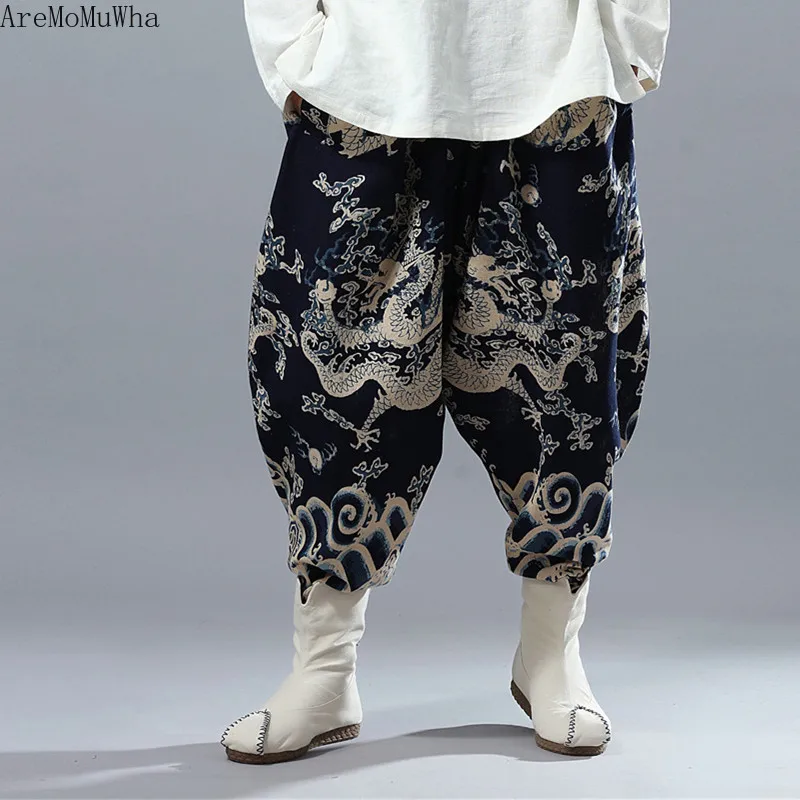 

Autumn Winter Chinese Style Cotton Linen Trousers Auspicious Clouds Dragon Pattern Bloomers Suspender Pants Harlan Men's Trouser