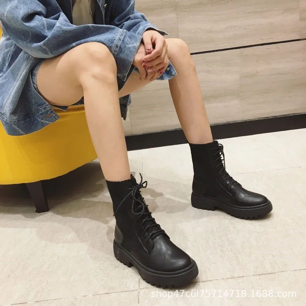 Bootee/ г. Женские ботинки на шнуровке женская низкая обувь женские ботинки с круглым носком, сабо на платформе, до середины икры, на резиновой подошве средней высоты, черного цвета, Roc