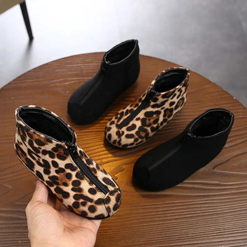 New Korean Childrens Front Zipper Leopard Short Boots In Autumn And Winter Childrens Cotton Shoes And Plush Short Boots