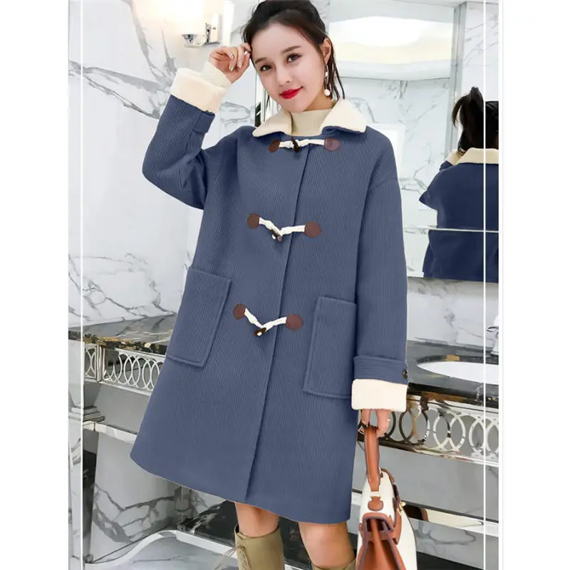 smork blue Модное шерстяное пальто в стиле ретро с роговыми пряжками, Женское зимнее шерстяное пальто, женская куртка с отворотами, свободная повседневная верхняя одежда f1500 - Цвет: smork blue