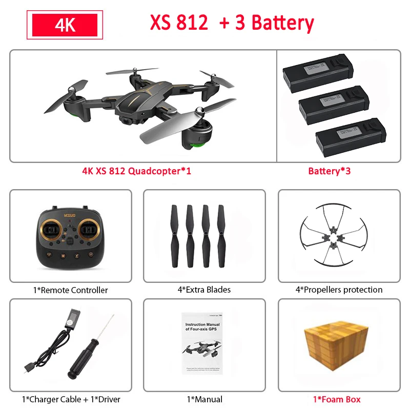 3Battery Foam box VISUO XS812 gps 5G WiFi FPV с камерой 4K FHD 15 минут время полета складной Радиоуправляемый Дрон Квадрокоптер RTF подарок на день рождения для детей - Цвет: 3Battery Foam box