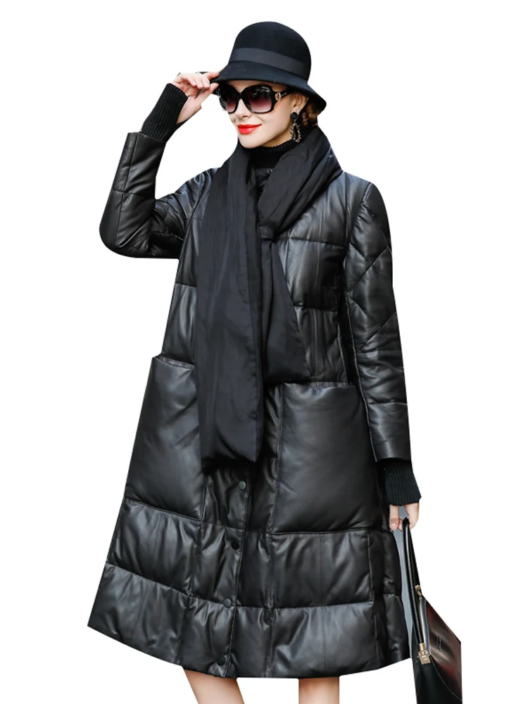 AYUNSUE Real Leather Jacket Winter Coat Wmen Long Down Jacket Women Genuine Sheepskin Coat with Scarf Chaqueta Mujer MY4692