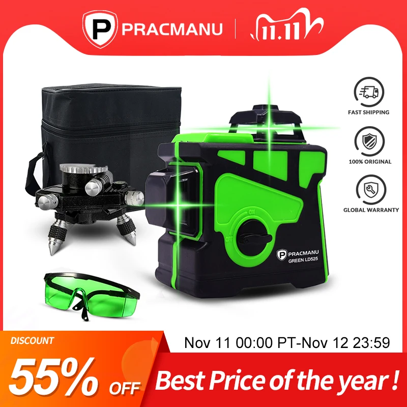 

PRACMANU Green 12 Lines 3D Level Laser Level Self-Leveling Vertical Cross Super Powerful Green 360 Horizontal Laser Level