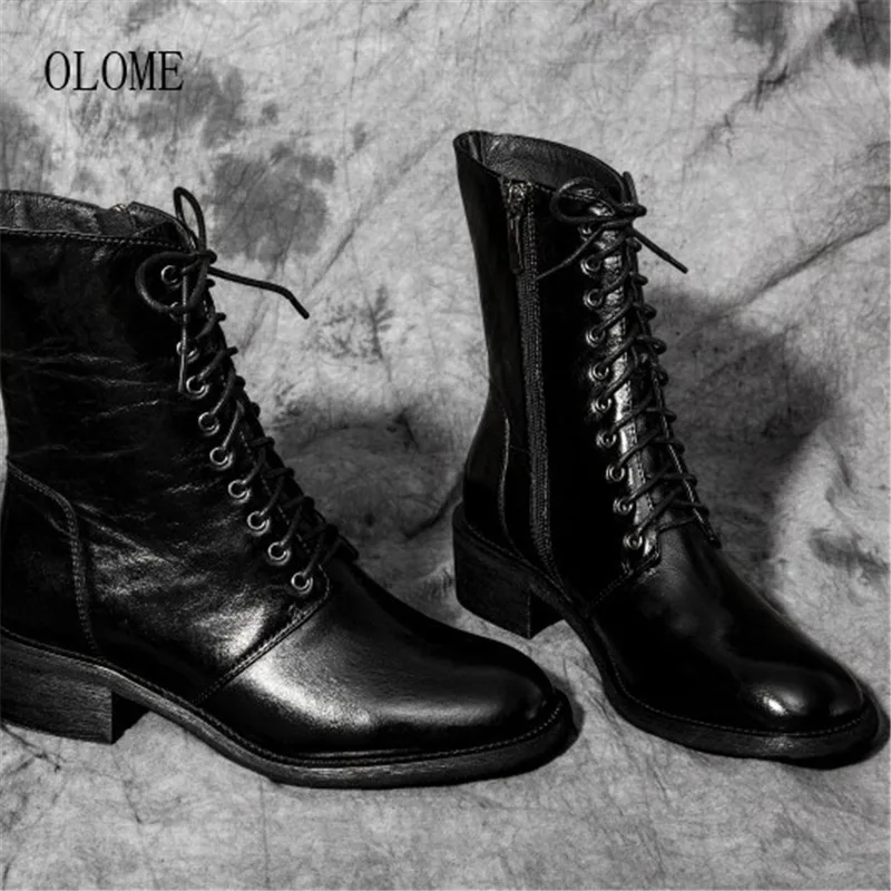OLOME новые модные черные, оранжевые, ботинки из натуральной кожи Для женщин круглый носок, со шнуровкой и молнией сбоку; Цвет Для женщин Осенне-зимние ботинки, обувь