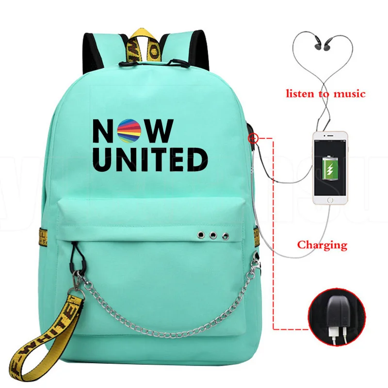 Now United Schoolbag Backpack USB Charging UN Team Backpack School Bags for Teenage Girls Now United Lyrics Zipper Bookbag