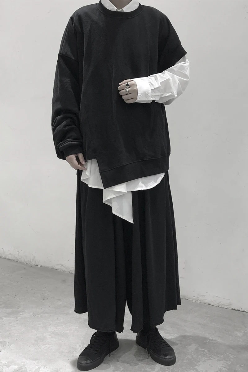 New Asymmetric One Sleeve Off O Neck Couple Loose Long Sleeve Black Sweatshirt