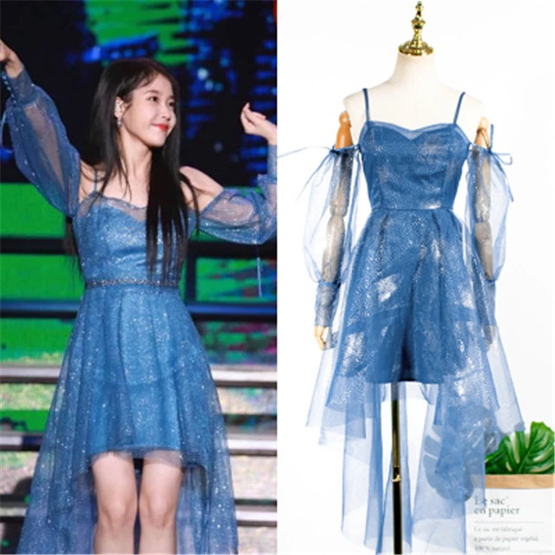 ストラップレスブルーメッシュショルダースリングドレス女性のための Iu リー智ウネ韓国夏結婚式誕生日クリスマス服着用 Dresses Aliexpress