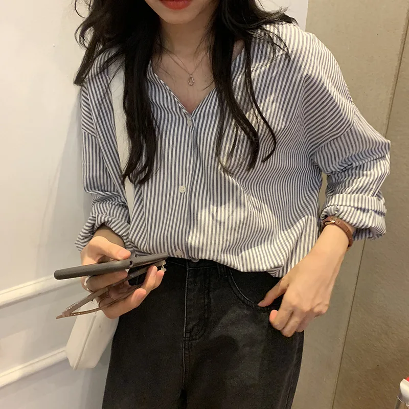 

Women Boyfriend V Neck Striped Shirt Long Sleeve Oversize Cotton Shirts Basic