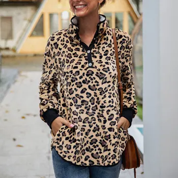 

Leopard Turtleneck Sweater Women Teddy Fleece Fluffy Button Pullover Sherpa Short Fleece Tops Female Sexy Streetwear Sweaters