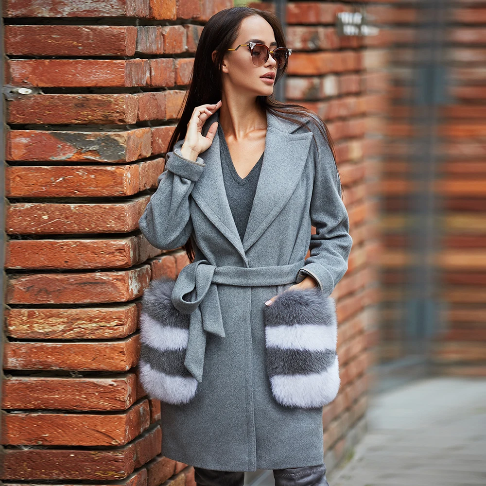 FURSARCAR 2021 New Winter & Autumn Women Luxury Cashmere Coat Nature Fox Fur Collar Pocket Wool Blend Real Leather Jacket