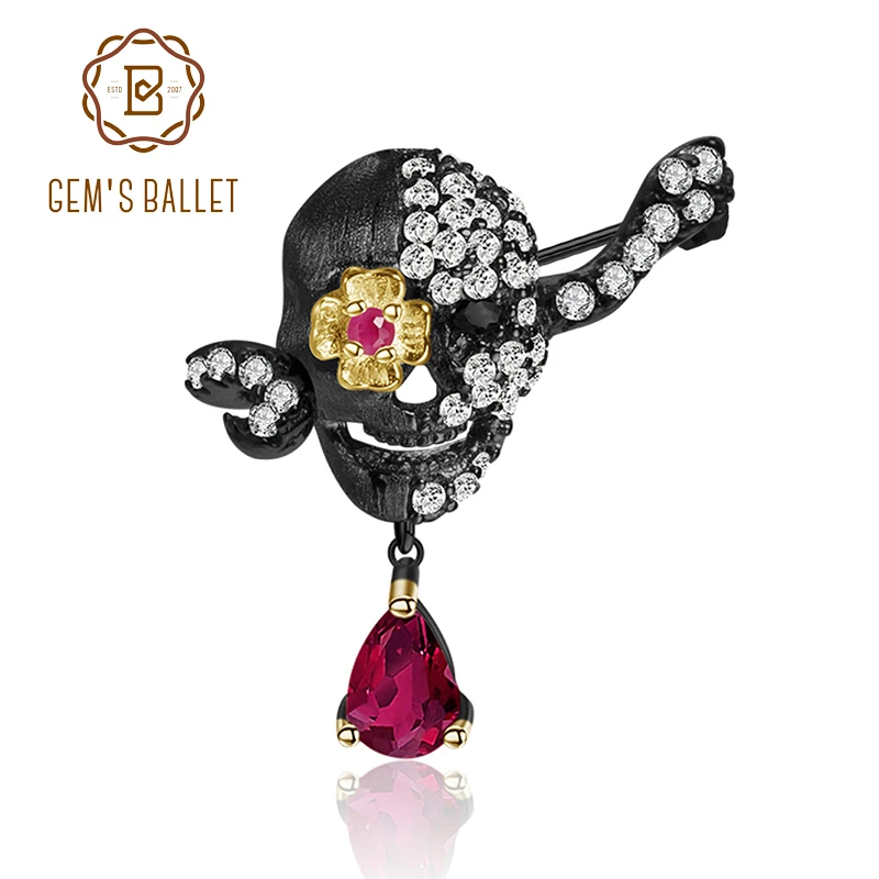GEM'S BALLET Glass-filled Ruby Gemstone Brooch 925 Sterling Sliver Handmade Death Skull Skeleton Brooches For Women Fine Jewelry |