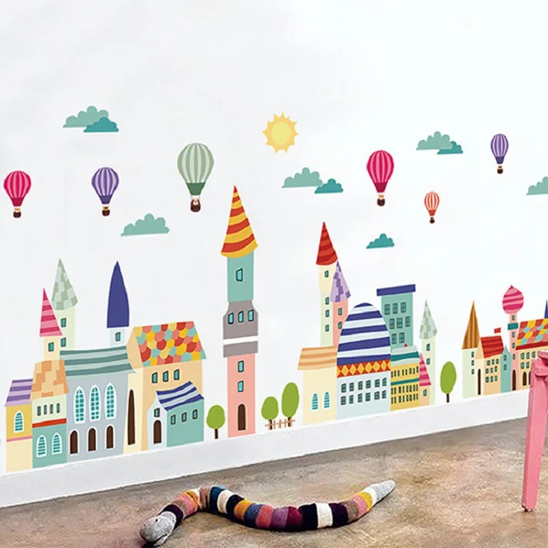 Cloud City house balloon wall sticker for living rooms cartoon Skirting sticker  kids room  home decor wall decals murals