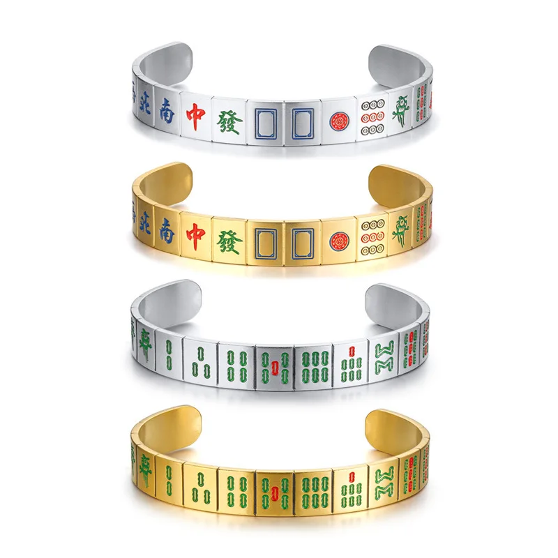 10mm Stainless Steel Mahjong Bangles For Men Women Charm Cuff Titanium Bracelet Lovers' Vintage Jewelry Gold Silver Color | Украшения и