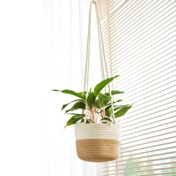 

Handwoven Hanging Planter Plant Basket with Jute Cotton Cord Indoor Flower Pot 53CA