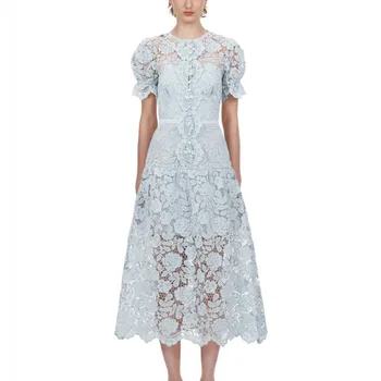 

Vintage Blue Hollow Out Lace Puff Sleeve Women Dress 2019 Elegant Buttons A-line Midi Dress For Women Autumn