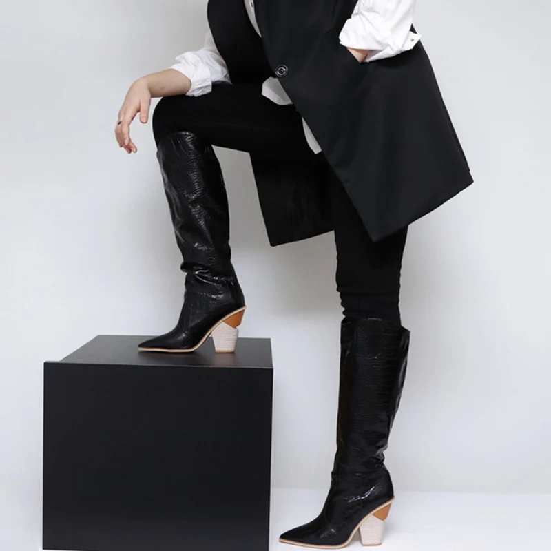 KemeKiss/женские сапоги до колена размера плюс 34-48 модные каменный принт пикантная обувь в стиле девушка-ковбой женские зимние сапоги на высоком каблуке