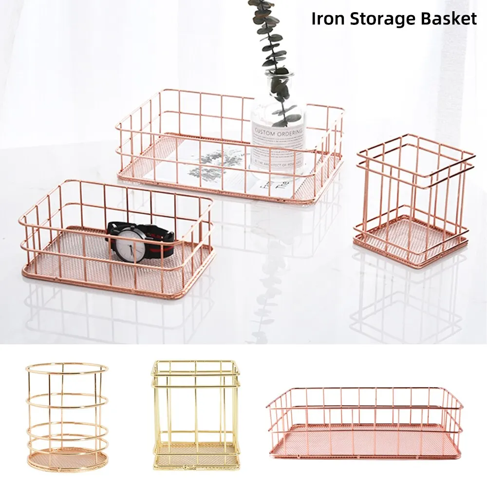 

Nordic Rose Gold Metal Wire Iron Storage Basket Office Desktop Sundries Makeup Brushes Holder Table Cosmetics Organizer Rack