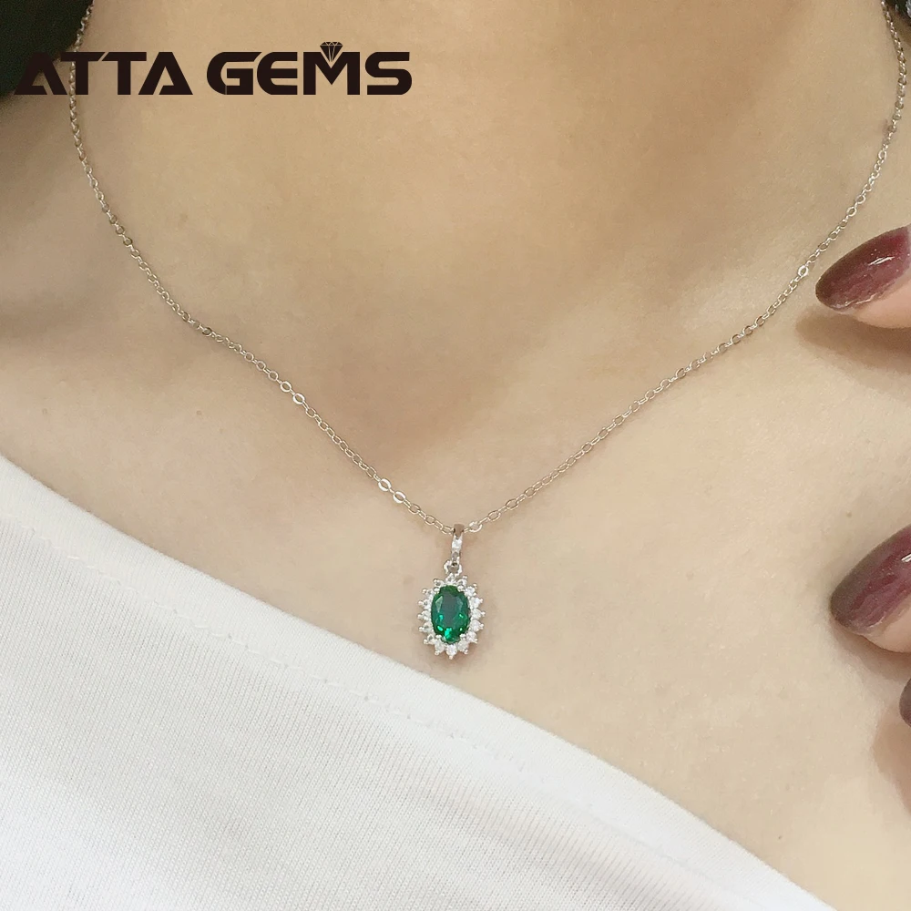 CS-DB Silver Oval Green Gem 2ct EmeraldPendants Necklaces For Womens