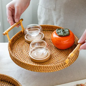 

Home Decor Rattan Tray Desktop Woven Storage Basket Bread Fruit Snack Portable Picnic Baskets Food Storage Containers Organizer