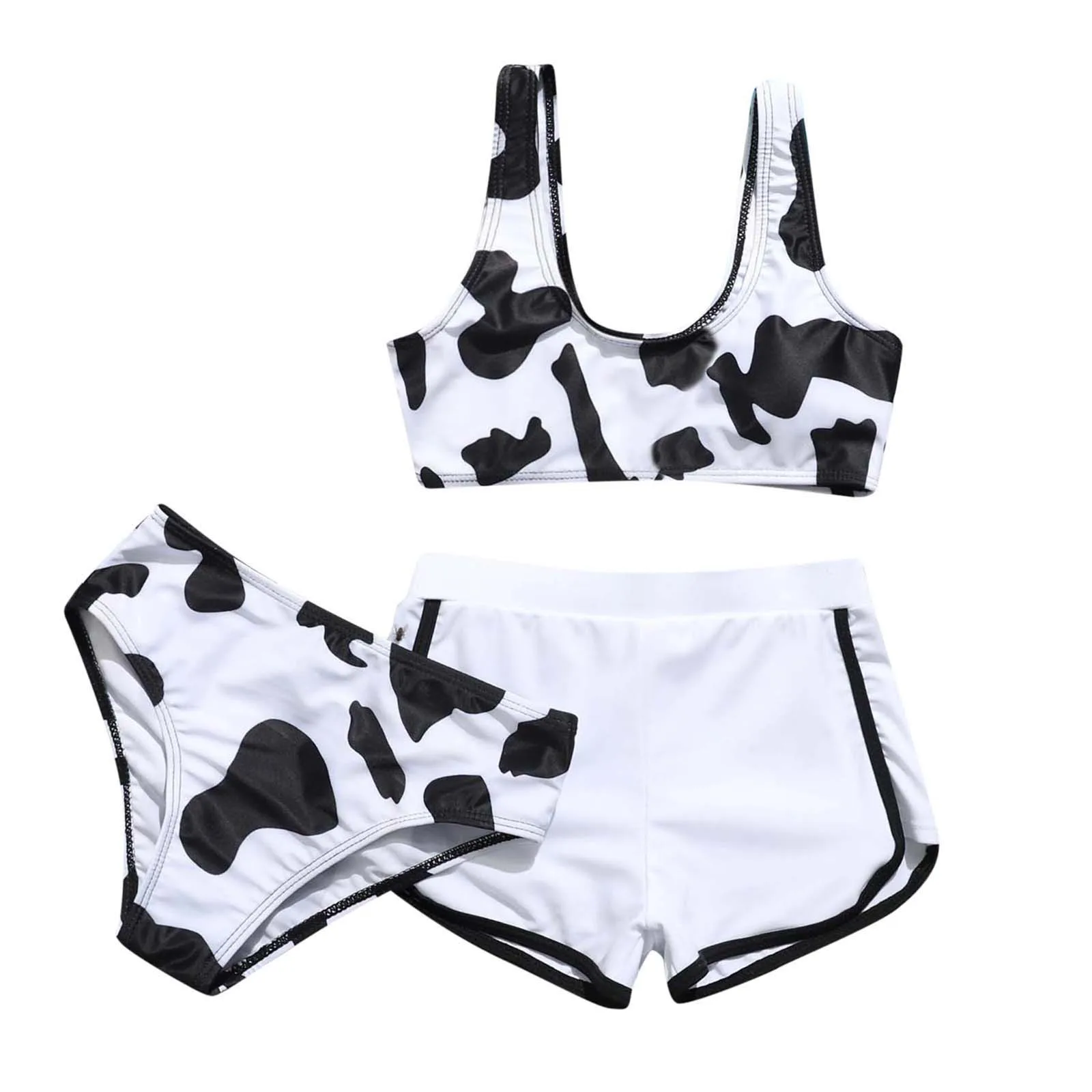 Three-Piece Girls Swimsuit Kids Swimwear Cow Floral Print Girl Bikini Set High Waist Bathing Suit Beachwear Children's Swimsuit mesh bathing suit cover up Cover-Ups