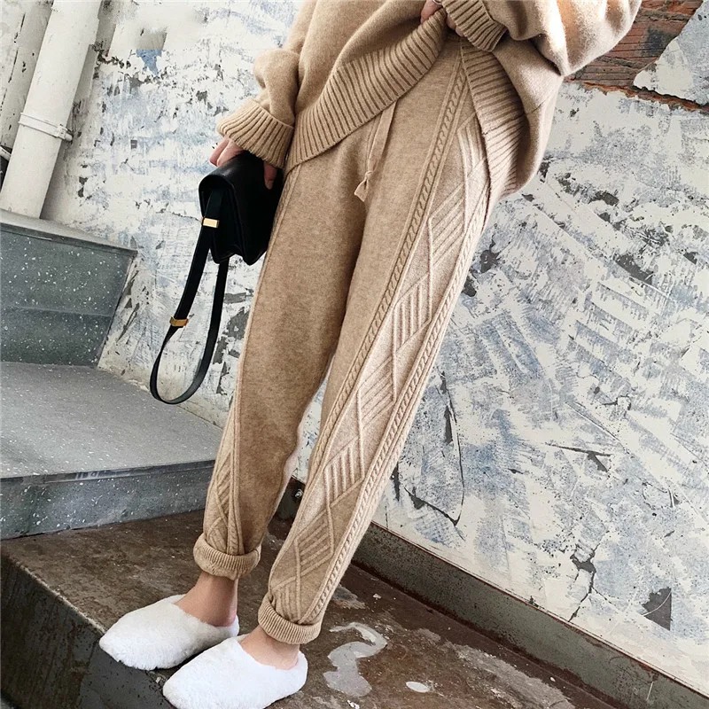 

Winter Thicken Women Harem Pants Casual Drawstring Twisted Knitted Pants Femme Chic Warm Female Sweater Trousers 2019