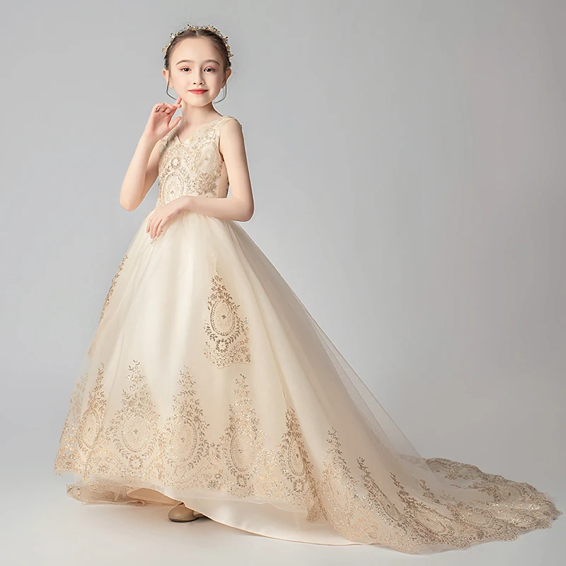 style 3 Длинное платье с цветочным узором и бусинами из золотого тюля для девочек Пышное красивое платье на свадьбу для девочек детское платье принцессы для первого причастия - Цвет: style 3