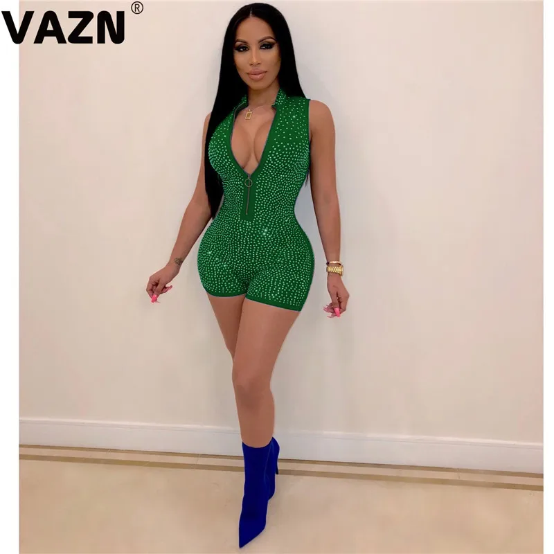 VAZN GYM18357 moto стиль молодой праздник v-образным вырезом женский комбинезон без рукавов Короткие брюки комбинезоны волнующие Клубные Комбинезоны