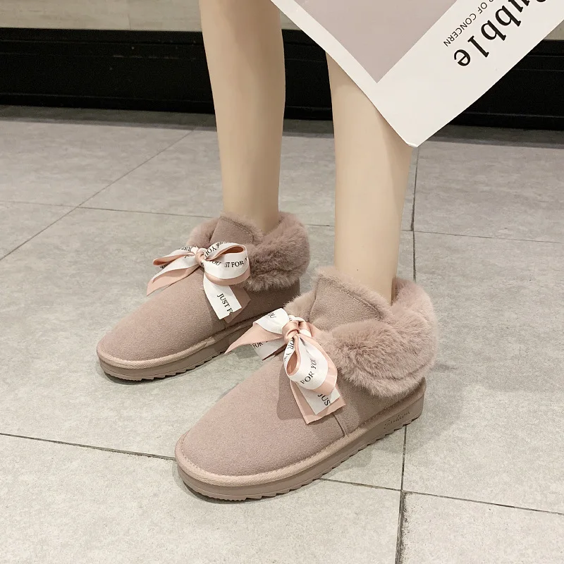 

2019 One-piece Europe And America Winter New Style Snow Boots Women's Fur Solid Color Ribbon Bow Cute Low-Top Thick Cotton