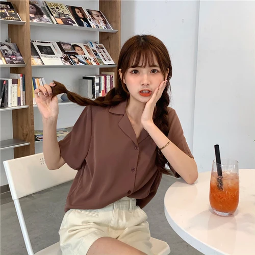 Turndown Collar Short Sleeve Chiffon Shirt Blouse Women 2020 Office Ol Overalls Shirt Casual Button Loose Summer Simple Tops dark brown