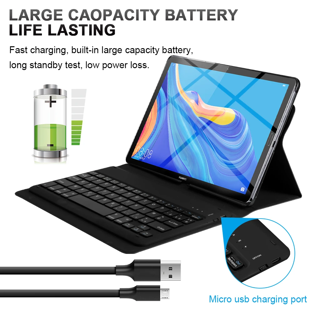 10.8inch Tablet Bluetooth Keyboard Magnetic Adsorption and Detachable Keyboard with Black Leather Case for Huawei MediaPad M6