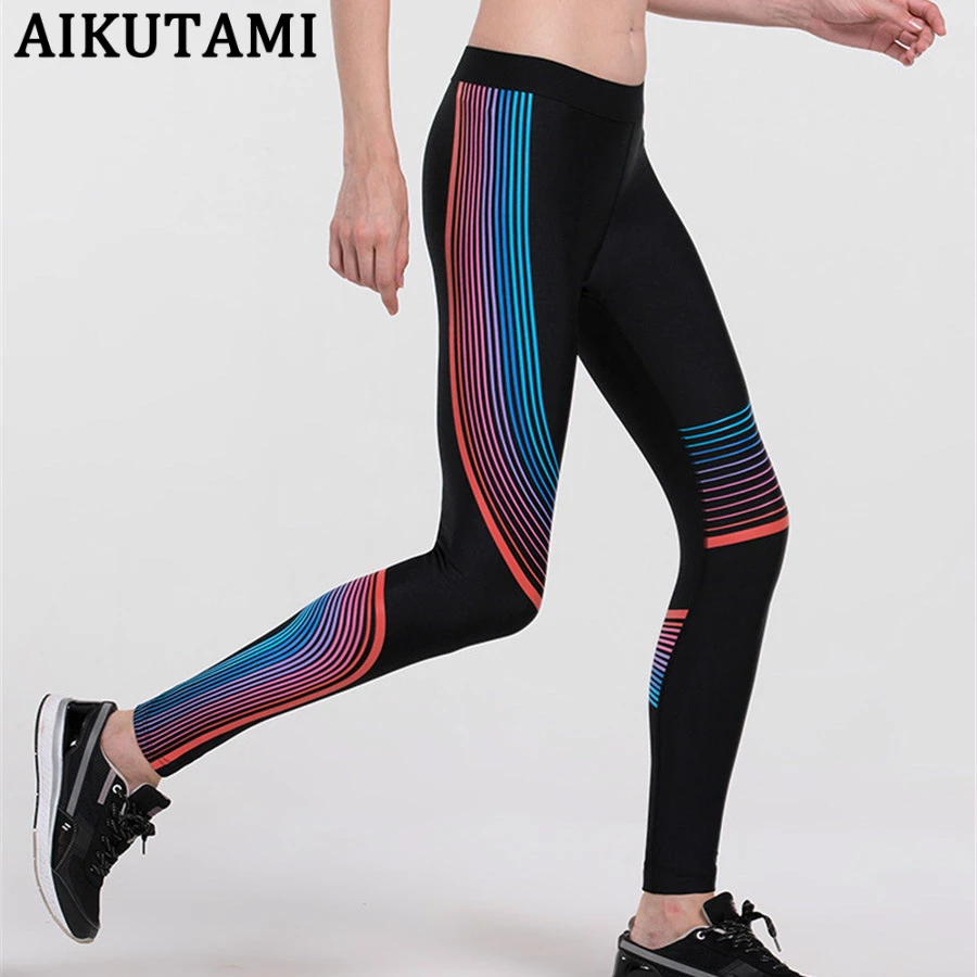 

Sports Wear for Women Gym Compression Pants Stripe Print Running Leggings Bodybuilding Fitness Workout Trousers Sport Tights
