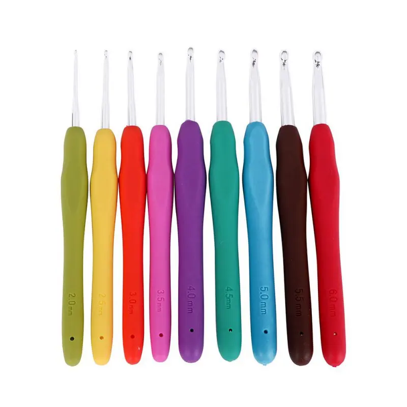 9Pcs DIY Crafts Tools Soft Rubber handle Aluminum Hook Crochet hooks Template Kit TPR Knitting Needles For Loom Tool