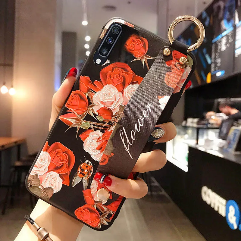 Матовый чехол с 3D рельефным цветком для samsung Galaxy S10e S9 S8 S10 Plus Note 8 9, ремешок на руку, мягкий чехол, роскошный чехол с подставкой - Цвет: Многоцветный