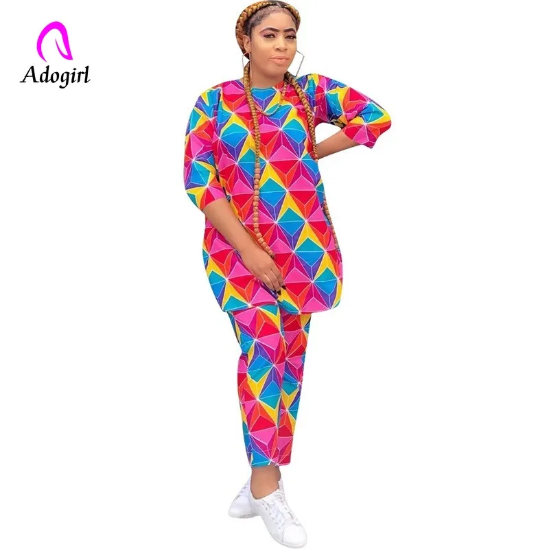 Adogirl Geometric Print Tee + Leggings 2 Piece Set Women Autumn New Casual Colorful Loose Long Tshirt Abaya Two Pants Sets |