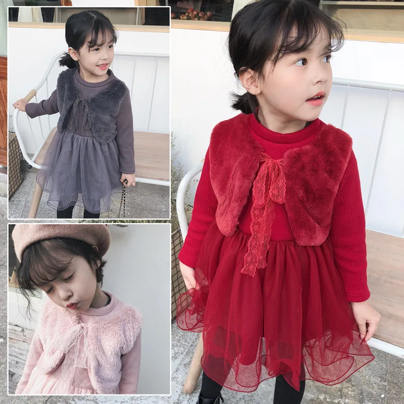

2019 Autumn And Winter New Style Girls Faux Mink Cashmere Mock Two-Piece plus Velvet Princess Skirt Baby CHILDREN'S Dress Y3129