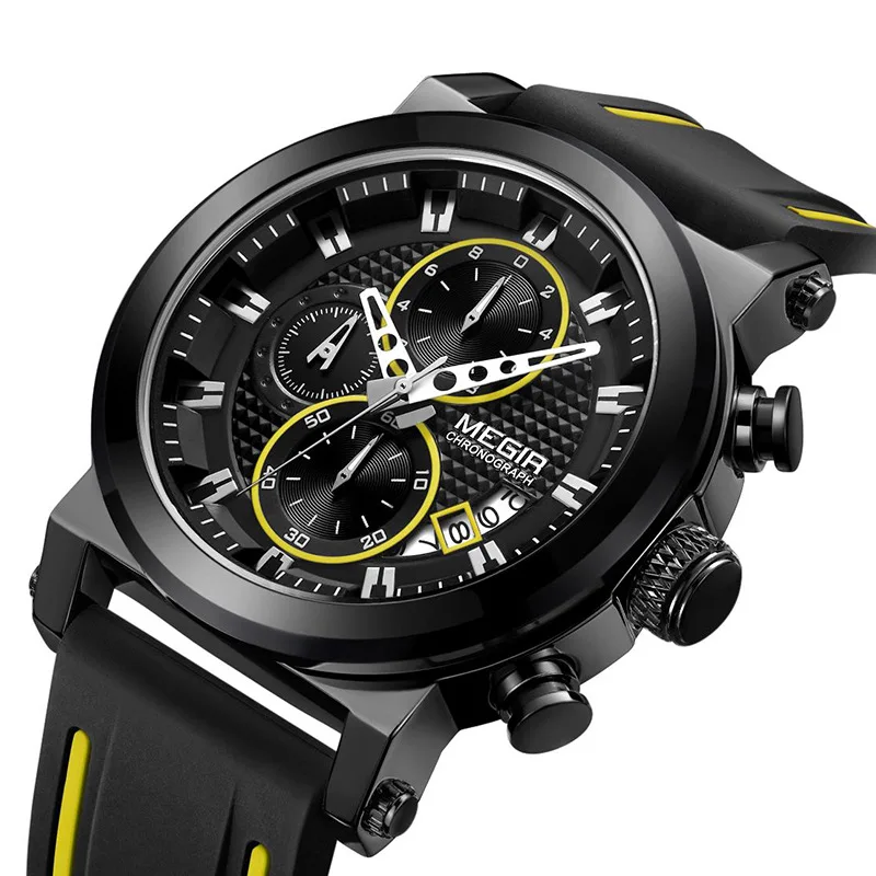 

MEGIR Luxury Brand Men's Watch Sports Multi-function True Three-eye Silicone Quartz Wristwatch Military Mens Watch reloj mujer