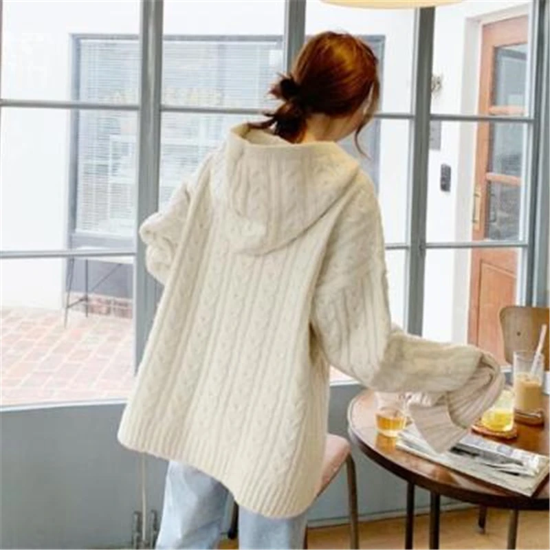 

Loose Hooded Sweaters Women Autumn Winter Casual Twist Straight Pullovers Female Korean Minimalist Knitted Solid Sweater Tops