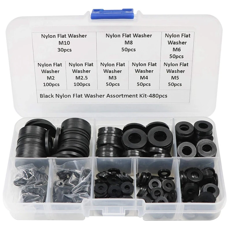 480 Pcs Nylon Flat Round Washers Gaskets Spacers Assortment Set for Screw Bolt(Black) | Обустройство дома