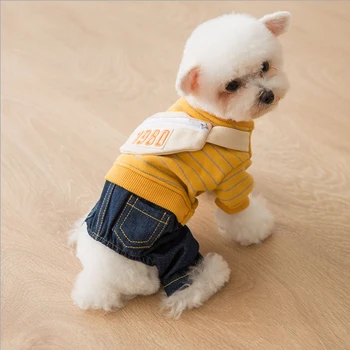 

Thicken warm stripe Denim Boy Dog Sweater Jumpsuit with bag Cat Puppy Coat Jacket Shirt Pants winter for dog cat clothes