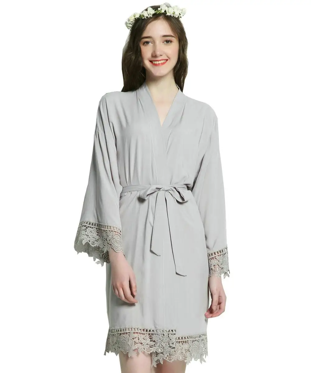 Хлопковое кимоно однотонного размера плюс халаты для невесты и подружки невесты с кружевной отделкой женское сексуальное свадебное банное платье с коротким поясом - Цвет: grey